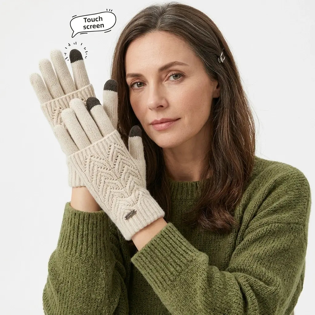 Women's touchscreen knit gloves with heart cable pattern