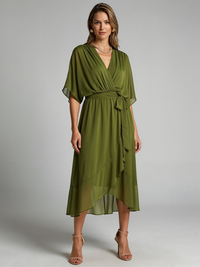 Aria | Women's Asymmetric Wrap Midi Dress, Long Sleeve
