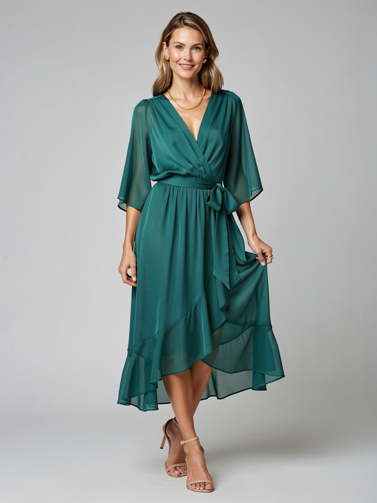 Women's green Asymmetric Wrap Midi Dress