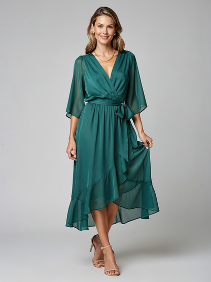 Women's green Asymmetric Wrap Midi Dress