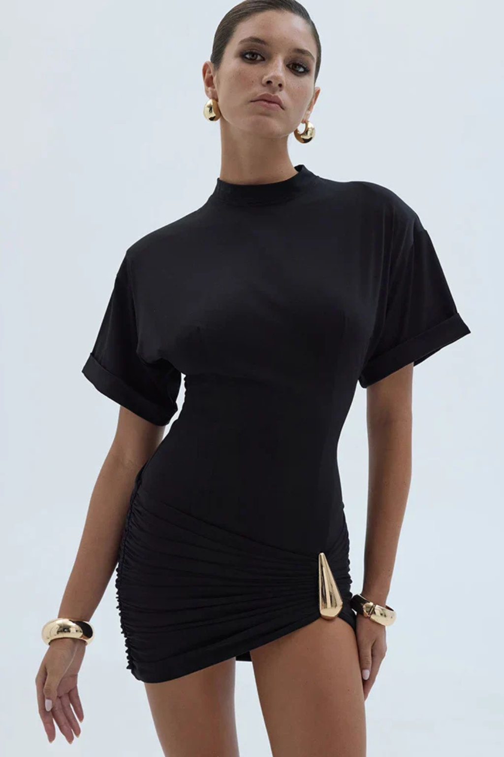 Women's black short sleeve ruched bodycon mini wedding guest dress