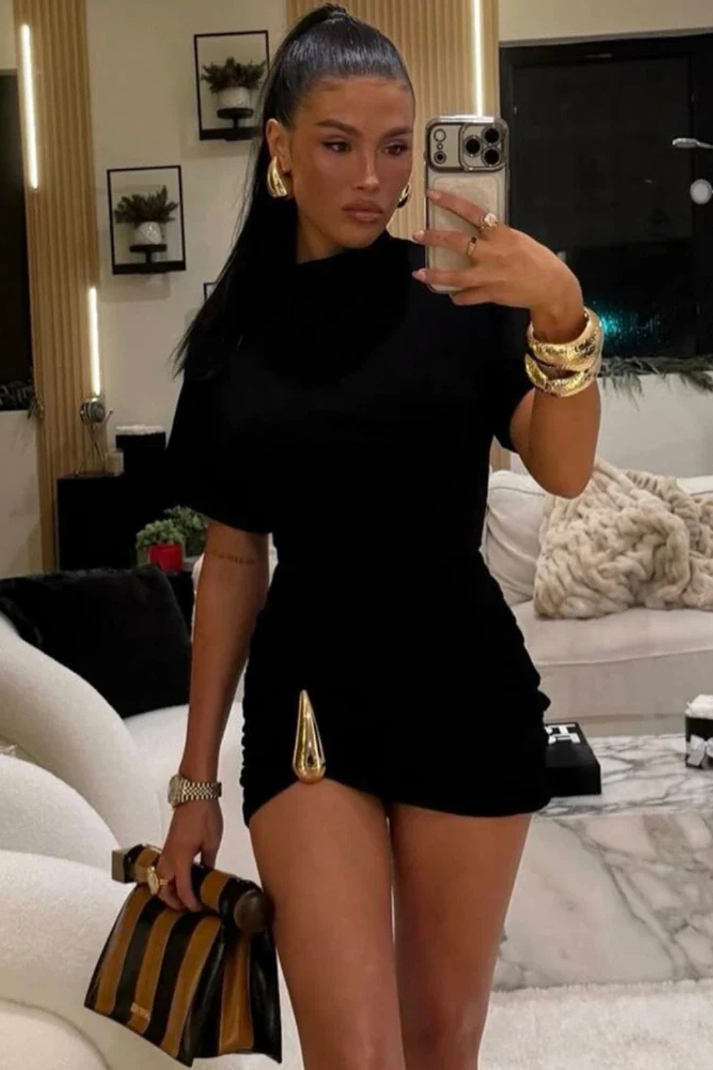 Women's black short sleeve ruched bodycon mini wedding guest dress