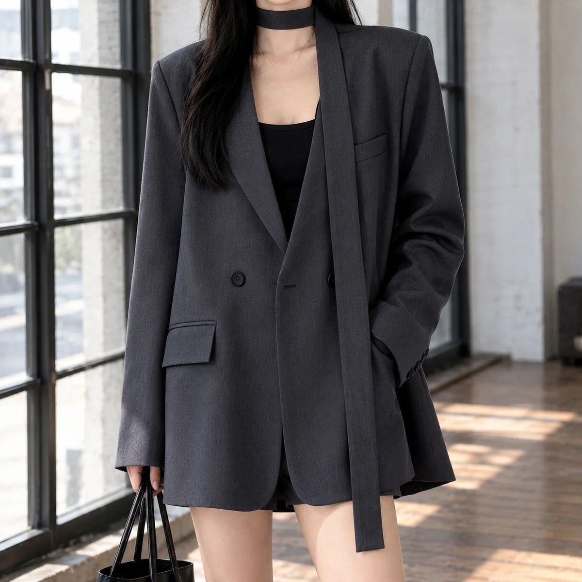 Women's gray longline blazer with scarf collar