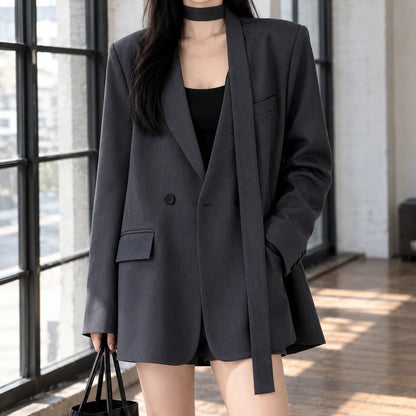 Women's gray longline blazer with scarf collar
