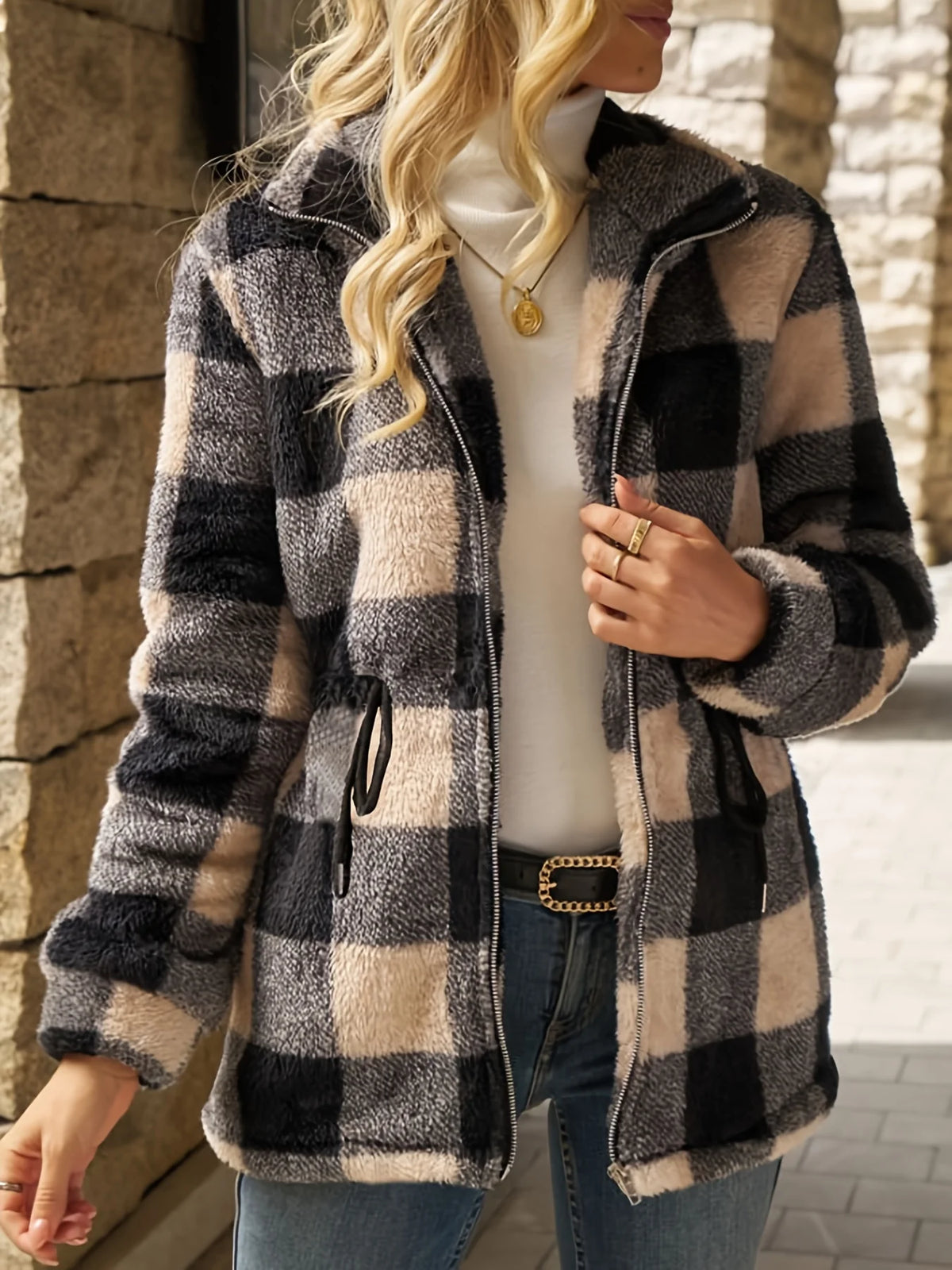 Women's Checked Hooded Jacket, Fall Weather Layer
