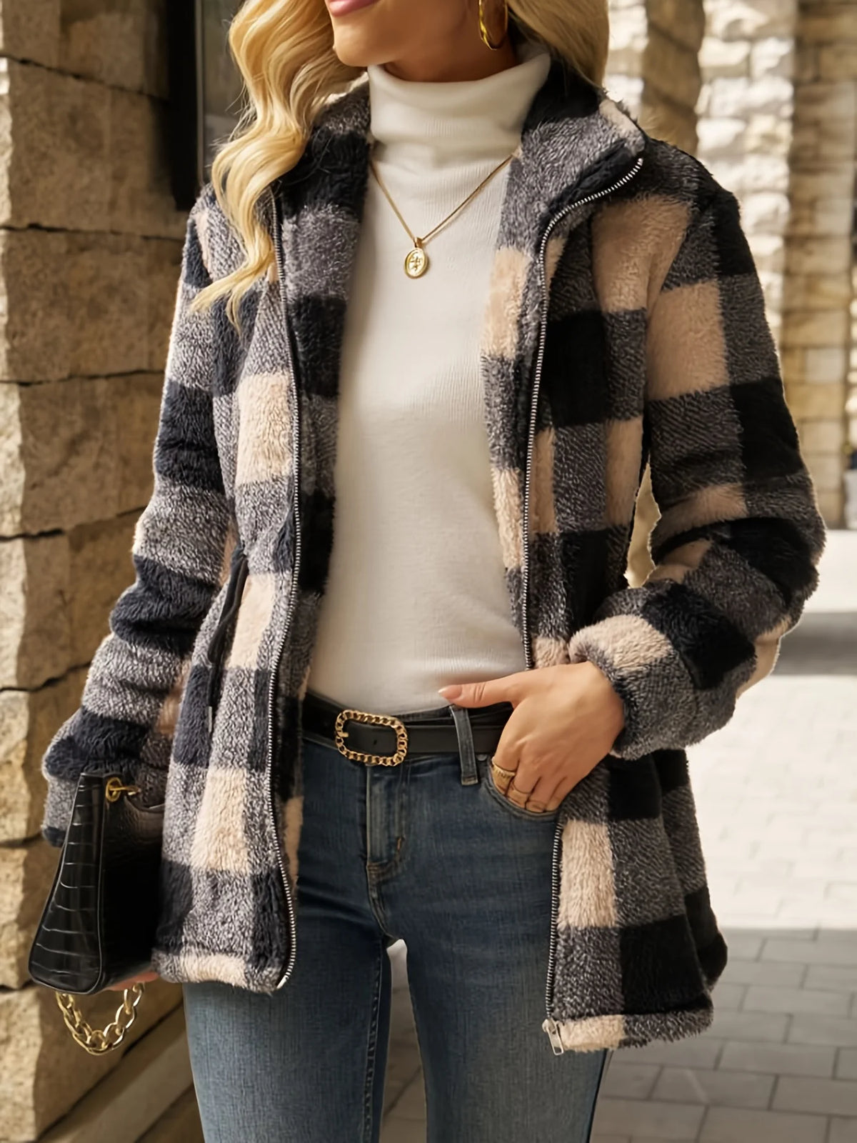 Women's Checked Hooded Jacket, Fall Weather Layer