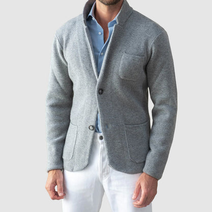 Men's blue knit cardigan jacket with two button front