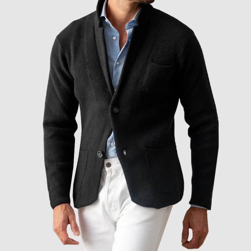 Men's blue knit cardigan jacket with two button front