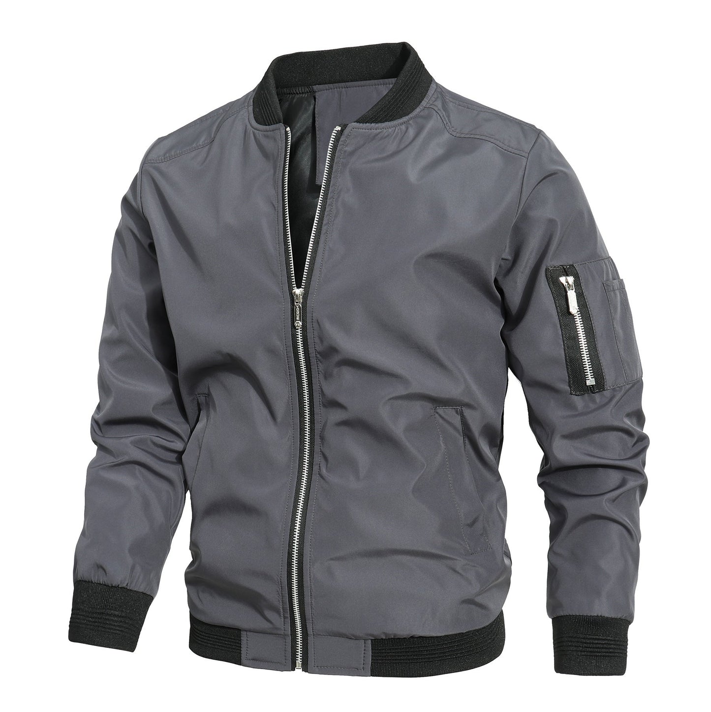 Gray Zip-Up Longline Bomber Jacket with Ribbed Cuffs