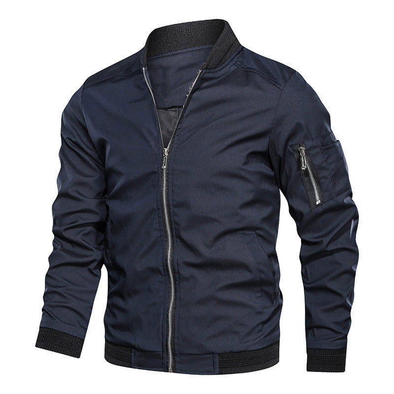 Dark Blue Zip-Up Longline Bomber Jacket with Ribbed Cuffs