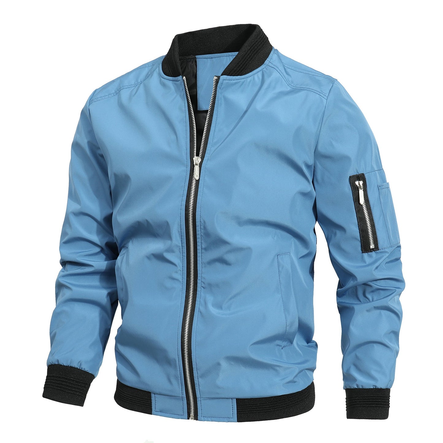 Blue Zip-Up Longline Bomber Jacket with Ribbed Cuffs