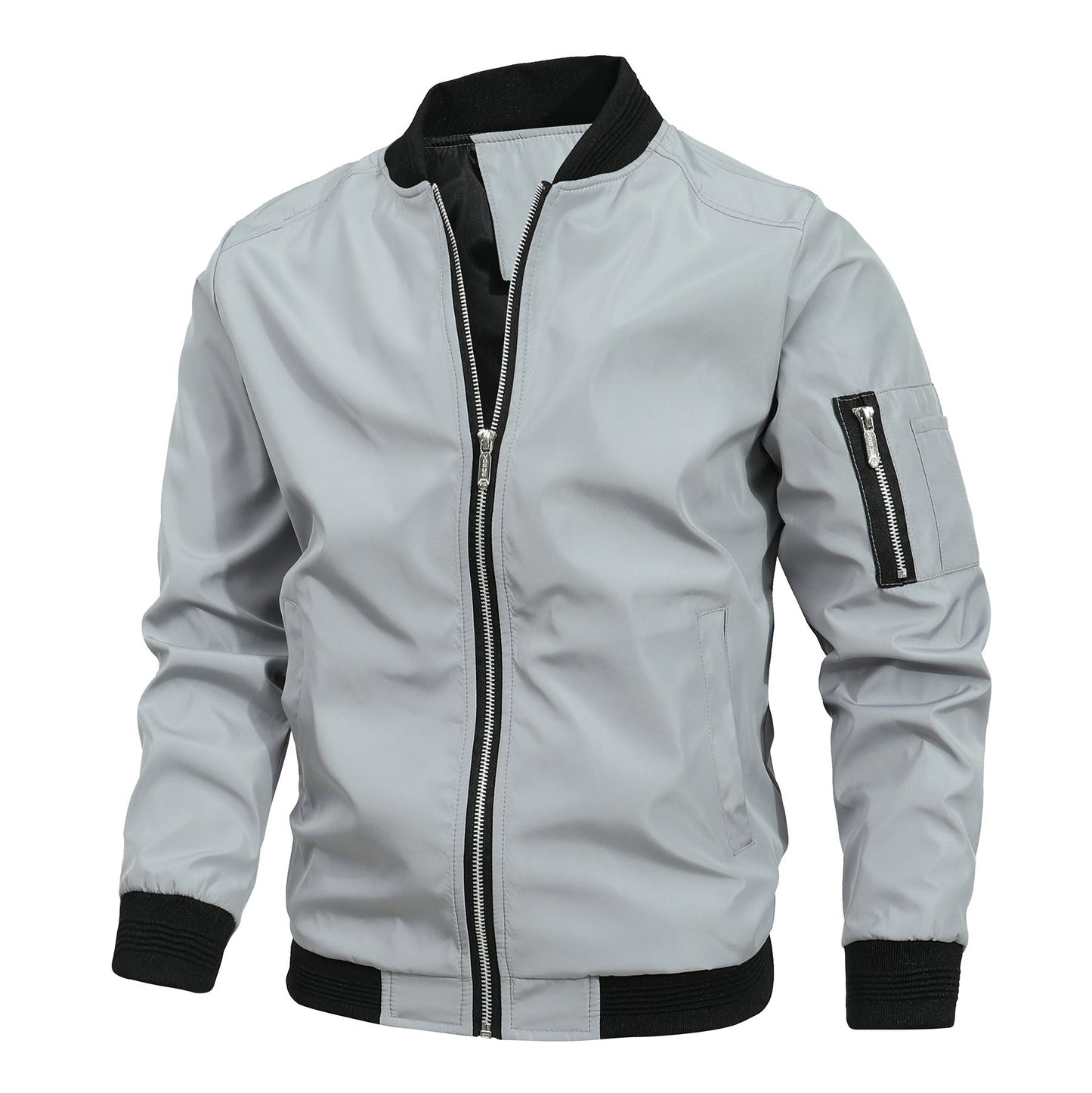 Light Gray Zip-Up Longline Bomber Jacket with Ribbed Cuffs