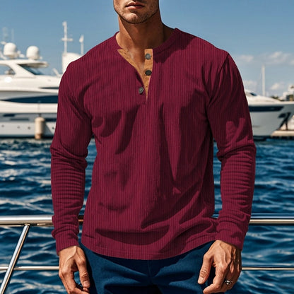 Burgundy Men's Ribbed Henley with Vertical Texture