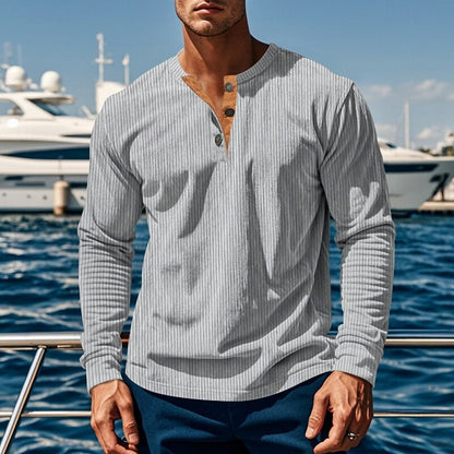Light Grey Men's Ribbed Henley with Vertical Texture