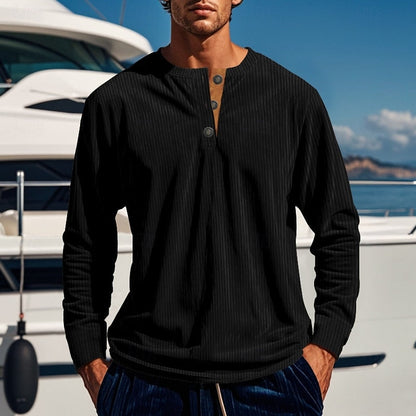 Black Men's Ribbed Henley with Vertical Texture
