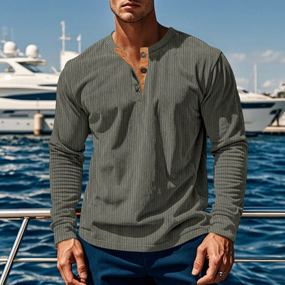 Military Green Men's Ribbed Henley with Vertical Texture