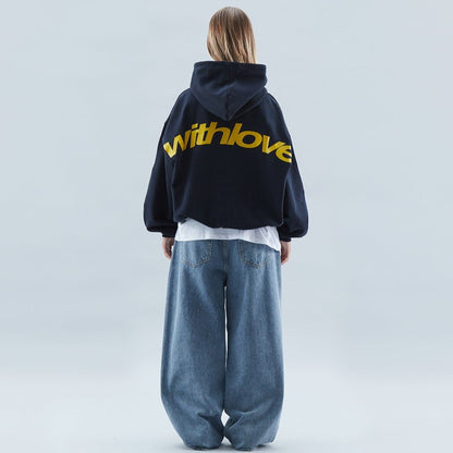 Navy oversized heavyweight cotton blend graphic hoodie