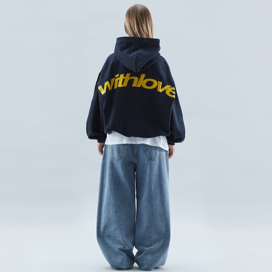 Navy oversized heavyweight cotton blend graphic hoodie
