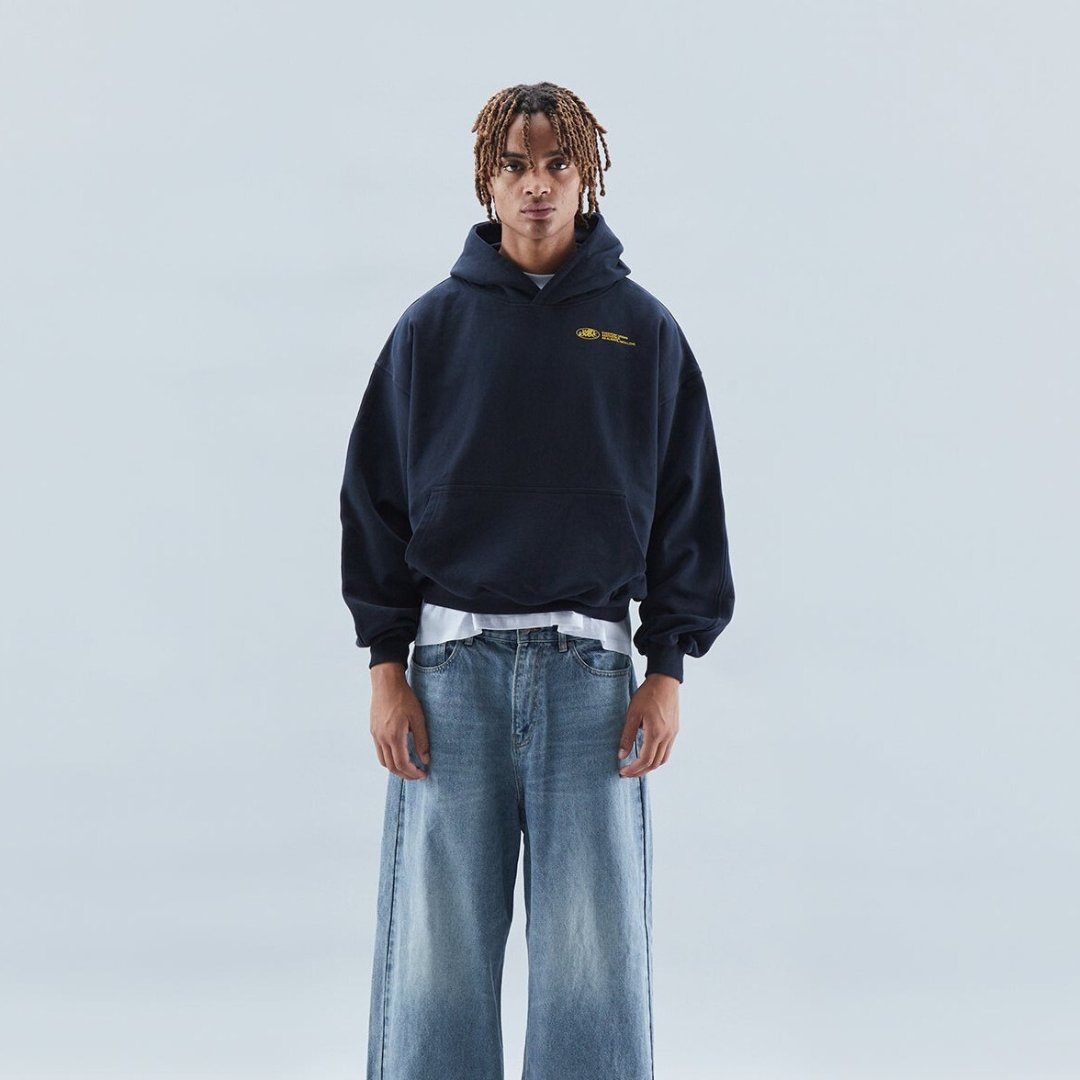 Navy oversized heavyweight cotton blend graphic hoodie