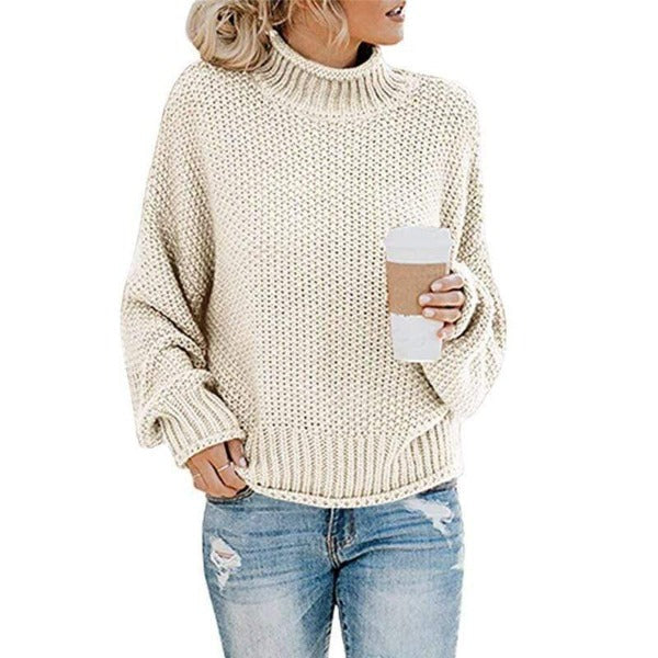 Women's off white turtleneck sweater with relaxed knit design