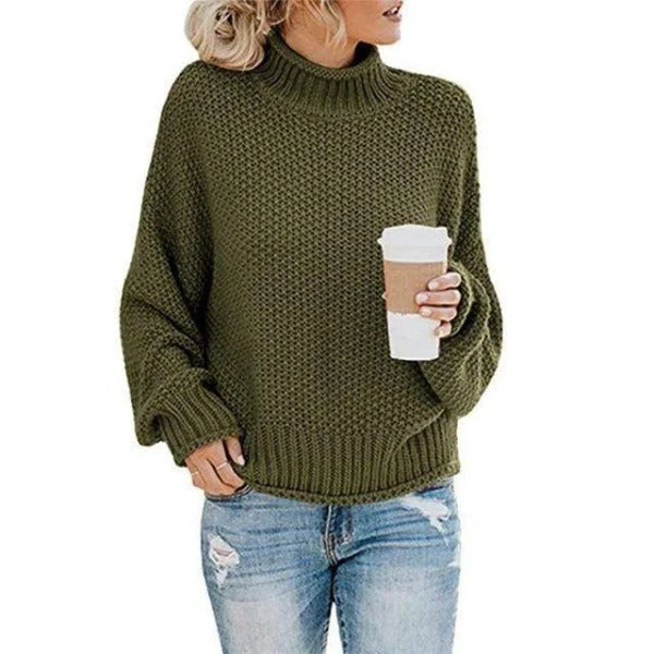 Women's army green turtleneck sweater with relaxed knit design
