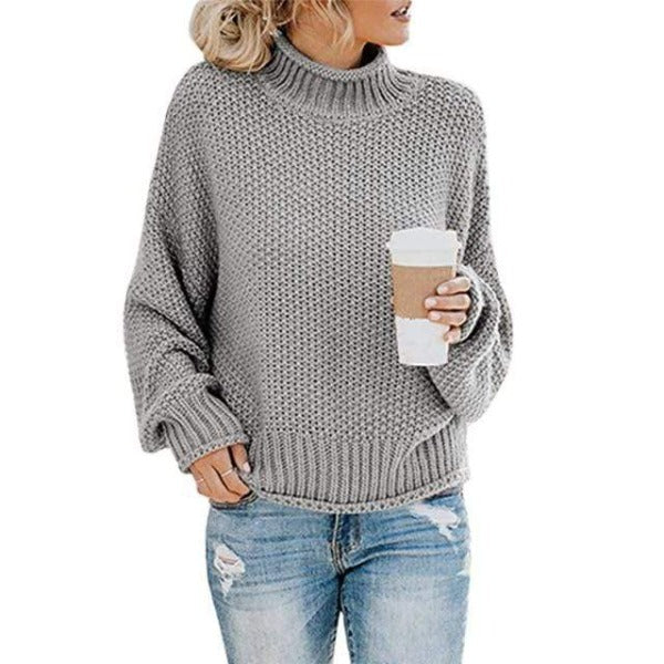 Women's gray turtleneck sweater with relaxed knit design