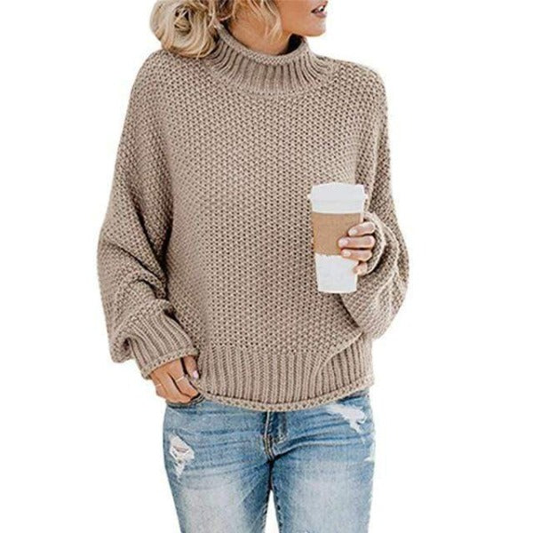 Women's khaki turtleneck sweater with relaxed knit design