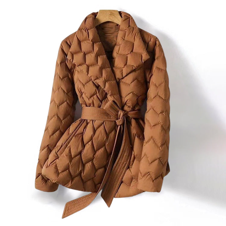 Women's orange padded duck down jacket with lapel collar and tailored waist