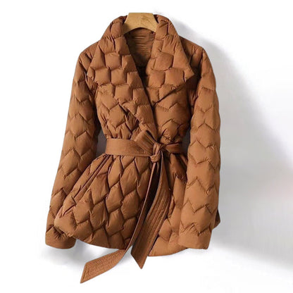 Women's orange padded duck down jacket with lapel collar and tailored waist