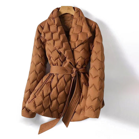 Women's orange padded duck down jacket with lapel collar and tailored waist
