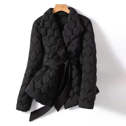 Women's orange padded duck down jacket with lapel collar and tailored waist