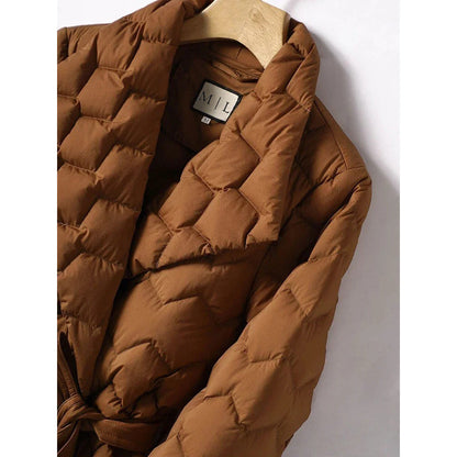 Women's orange padded duck down jacket with lapel collar and tailored waist