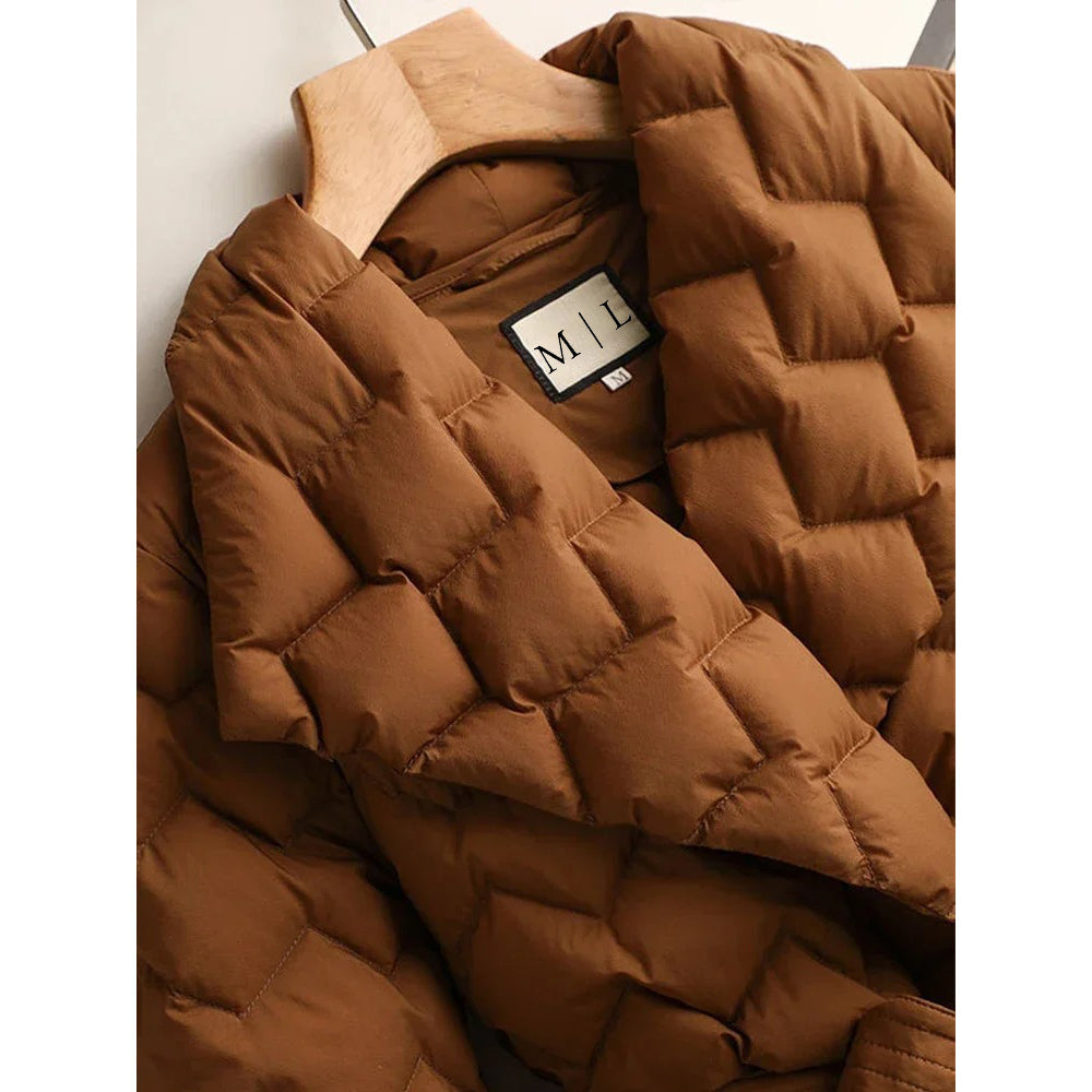 Women's orange padded duck down jacket with lapel collar and tailored waist