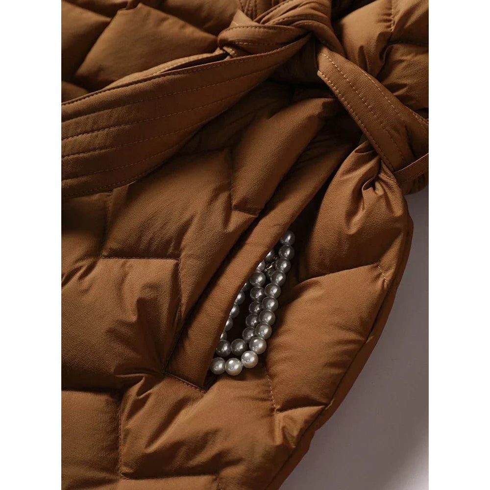Women's orange padded duck down jacket with lapel collar and tailored waist