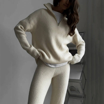 Women's beige cotton blend two piece knit set with sweater and pants