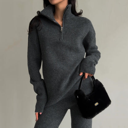 Women's beige cotton blend two piece knit set with sweater and pants