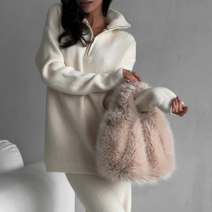 Women's beige cotton blend two piece knit set with sweater and pants