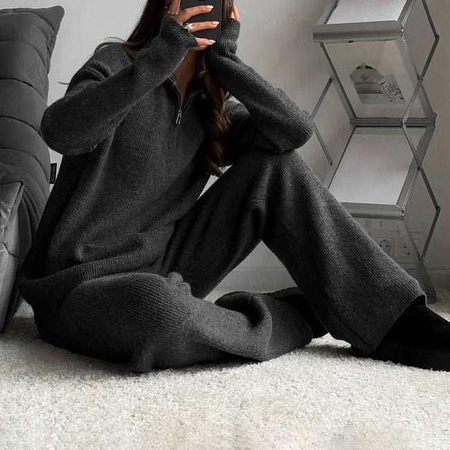Women's beige cotton blend two piece knit set with sweater and pants