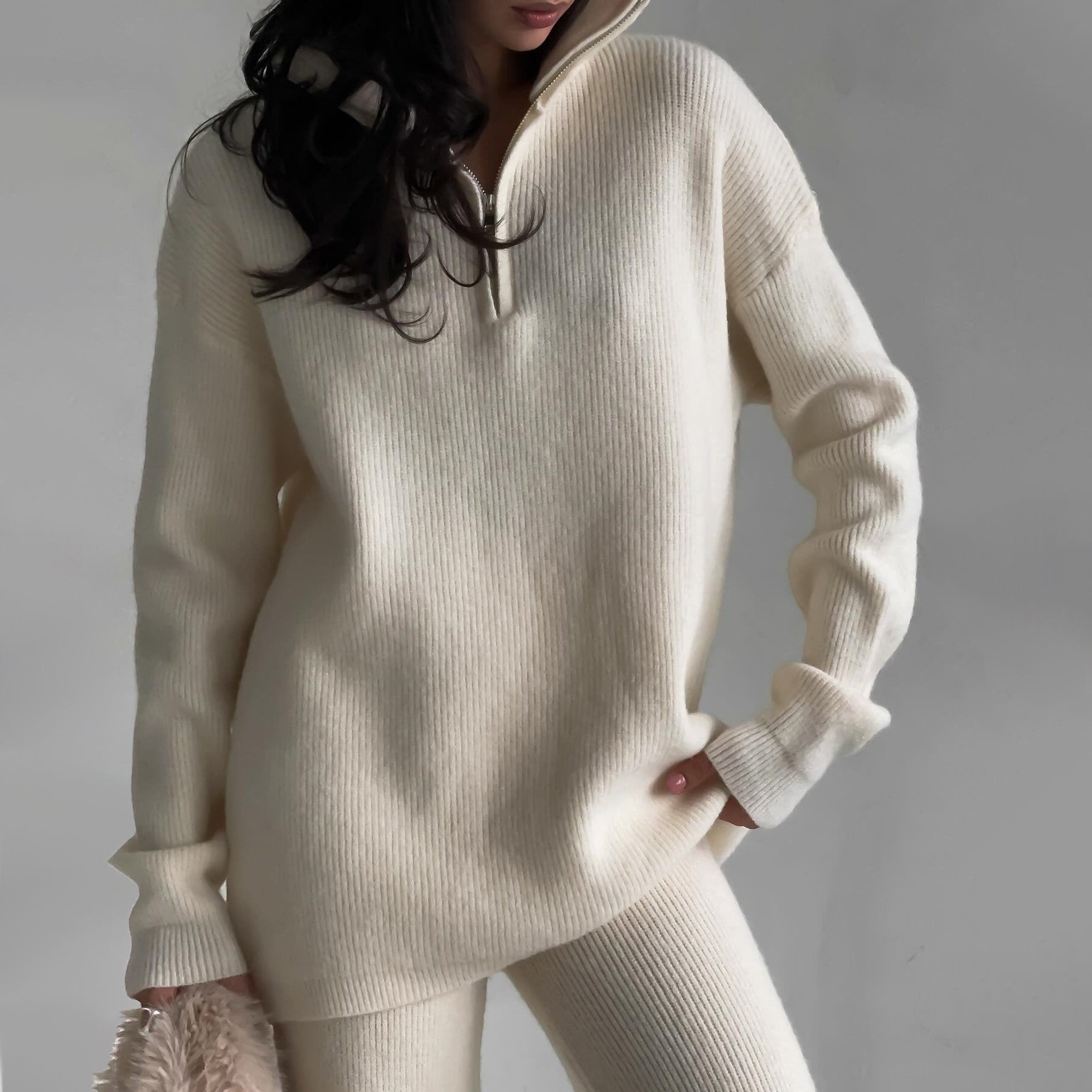 Women's beige cotton blend two piece knit set with sweater and pants