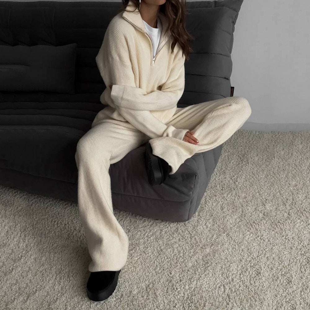 Women's black cotton blend two piece knit set with sweater and pants