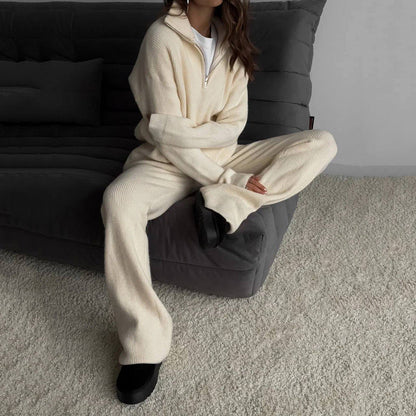 Women's black cotton blend two piece knit set with sweater and pants