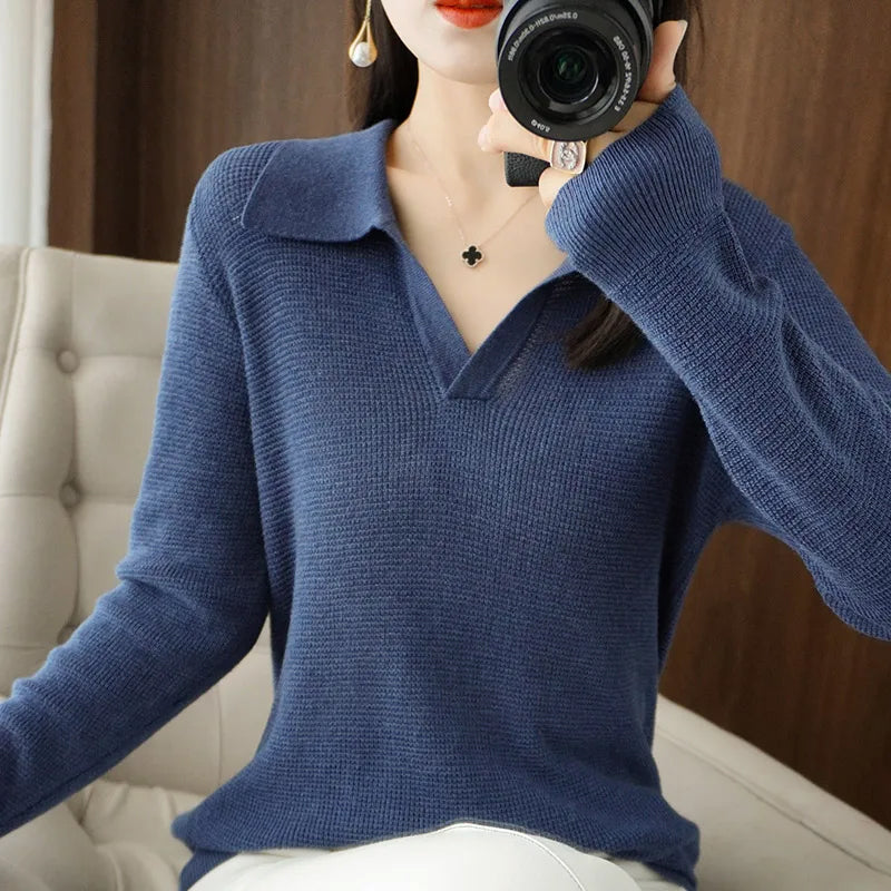 Women's blue v neck wool cotton blend knit pullover sweater