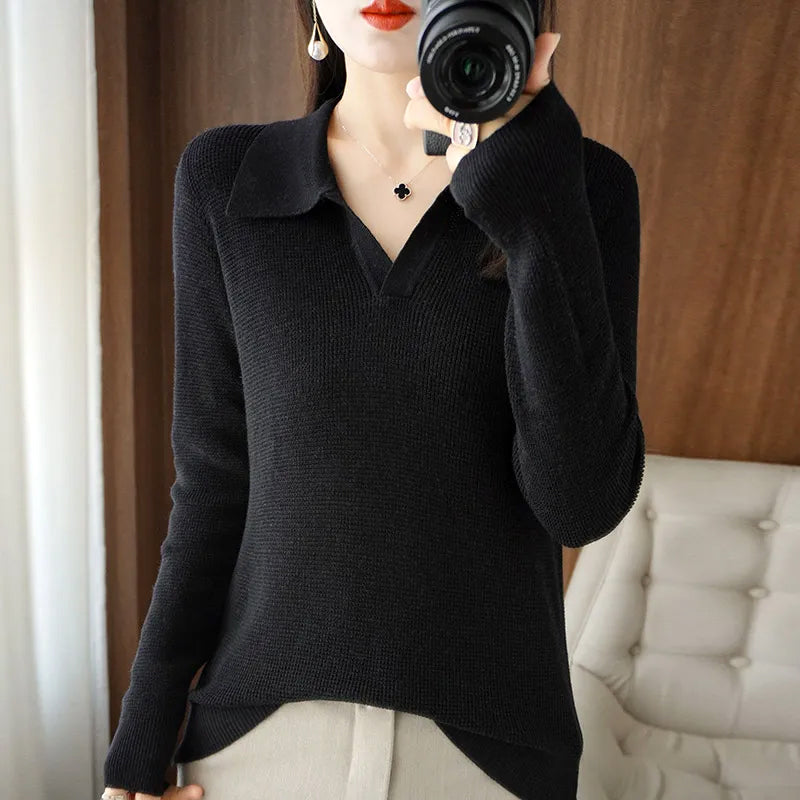 Women's black v neck wool cotton blend knit pullover sweater