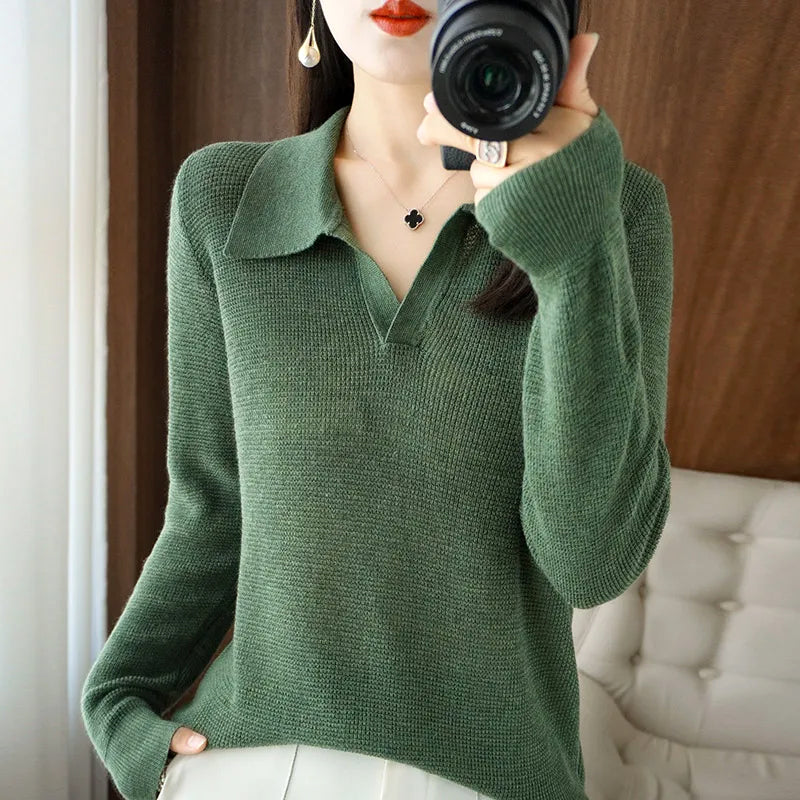 Women's green v neck wool cotton blend knit pullover sweater