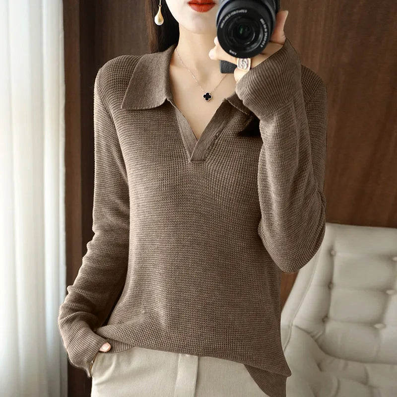 Women's brown v neck wool cotton blend knit pullover sweater