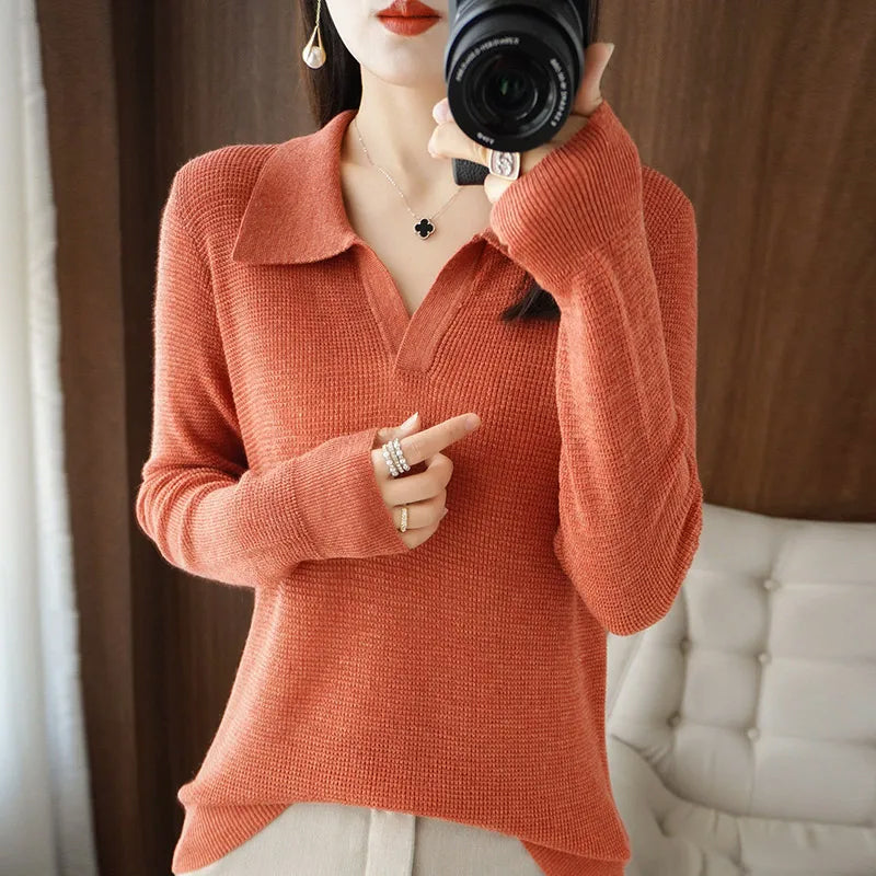 Women's red v neck wool cotton blend knit pullover sweater