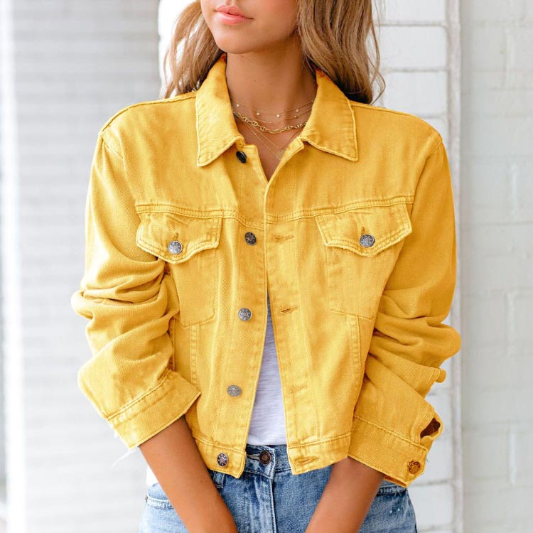 Women's pink denim trucker jacket with turn down collar in cotton blend