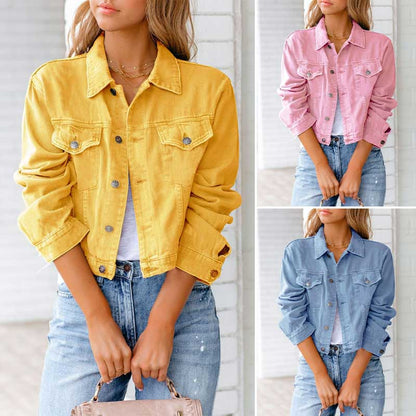 Women's pink denim trucker jacket with turn down collar in cotton blend