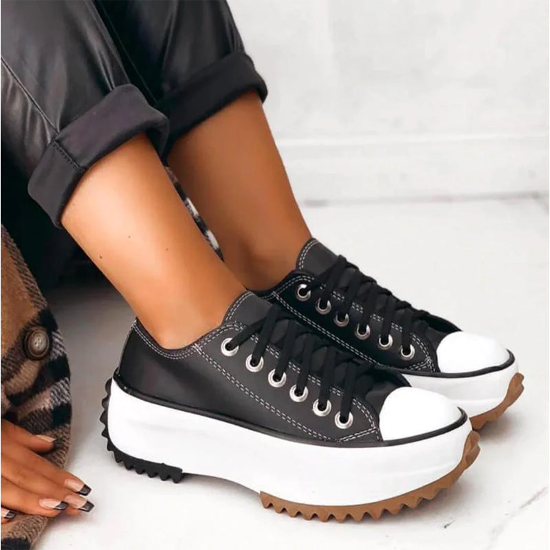 Women's white platform canvas sneakers with lace up front