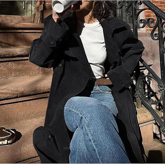 Black Faux Suede Belted Trench Coat